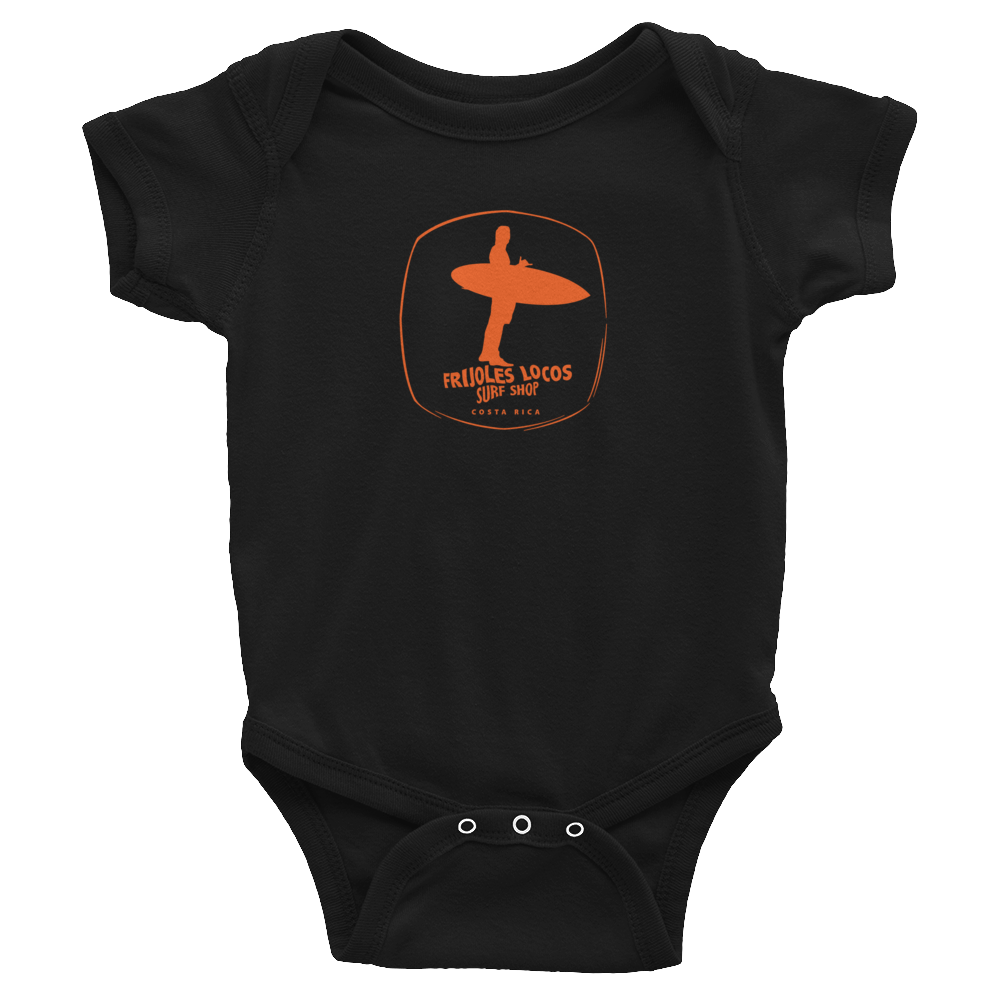 Classic Frijoles Locos Onesie with Orange logo.